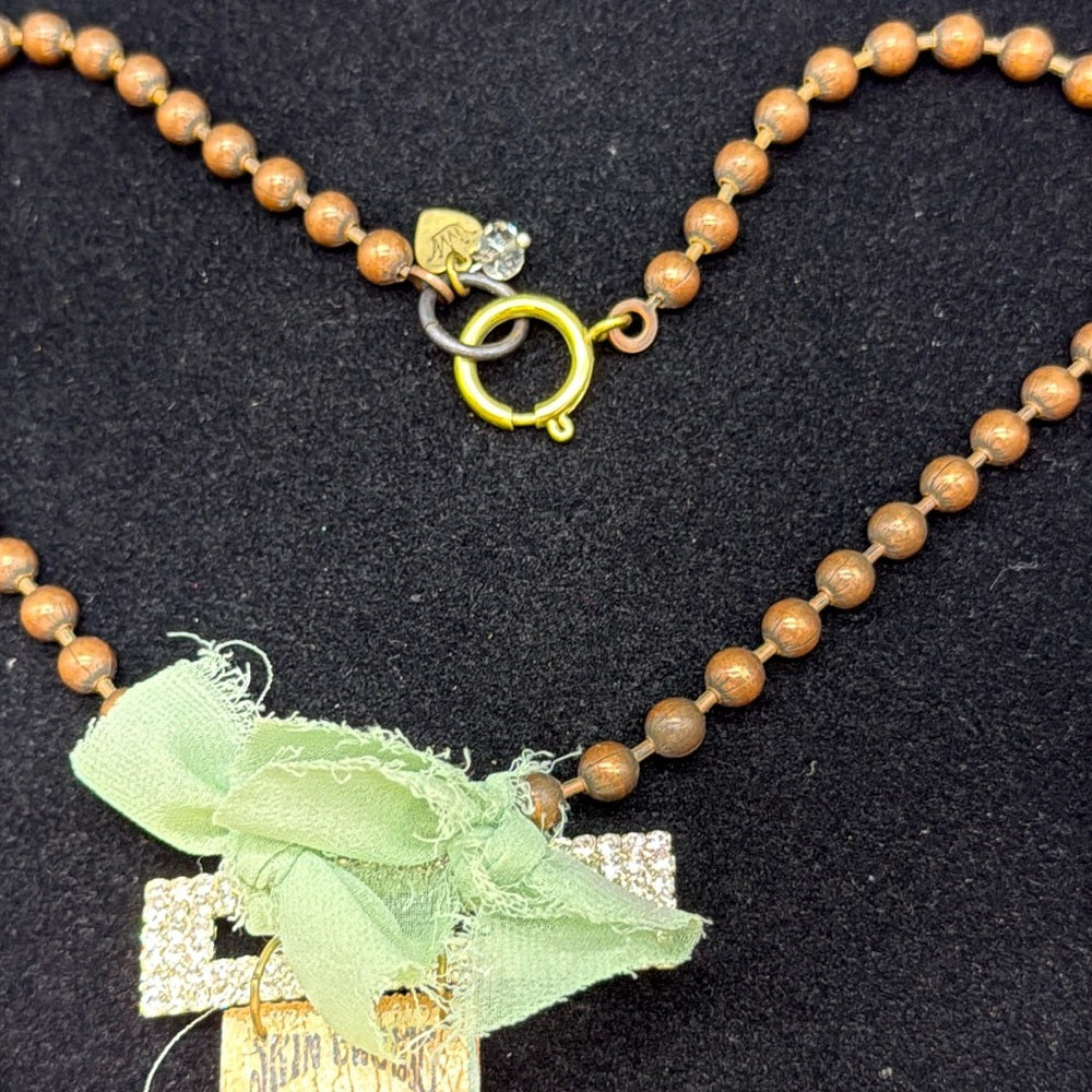 Adorned Crown Jewelry assemblage rhinestone leather ribbon cross necklace