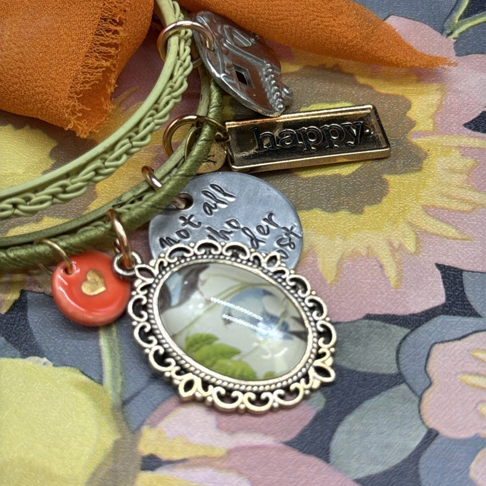 Adorned Crown Jewelry assemblage three band green bangle happy camper bracelet