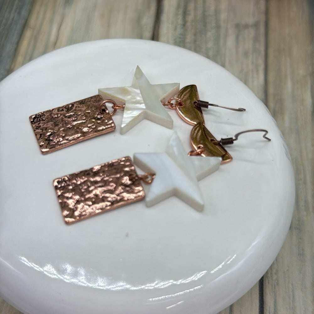Adorned Crown Jewelry assemblage copper mother of pearl star earrings