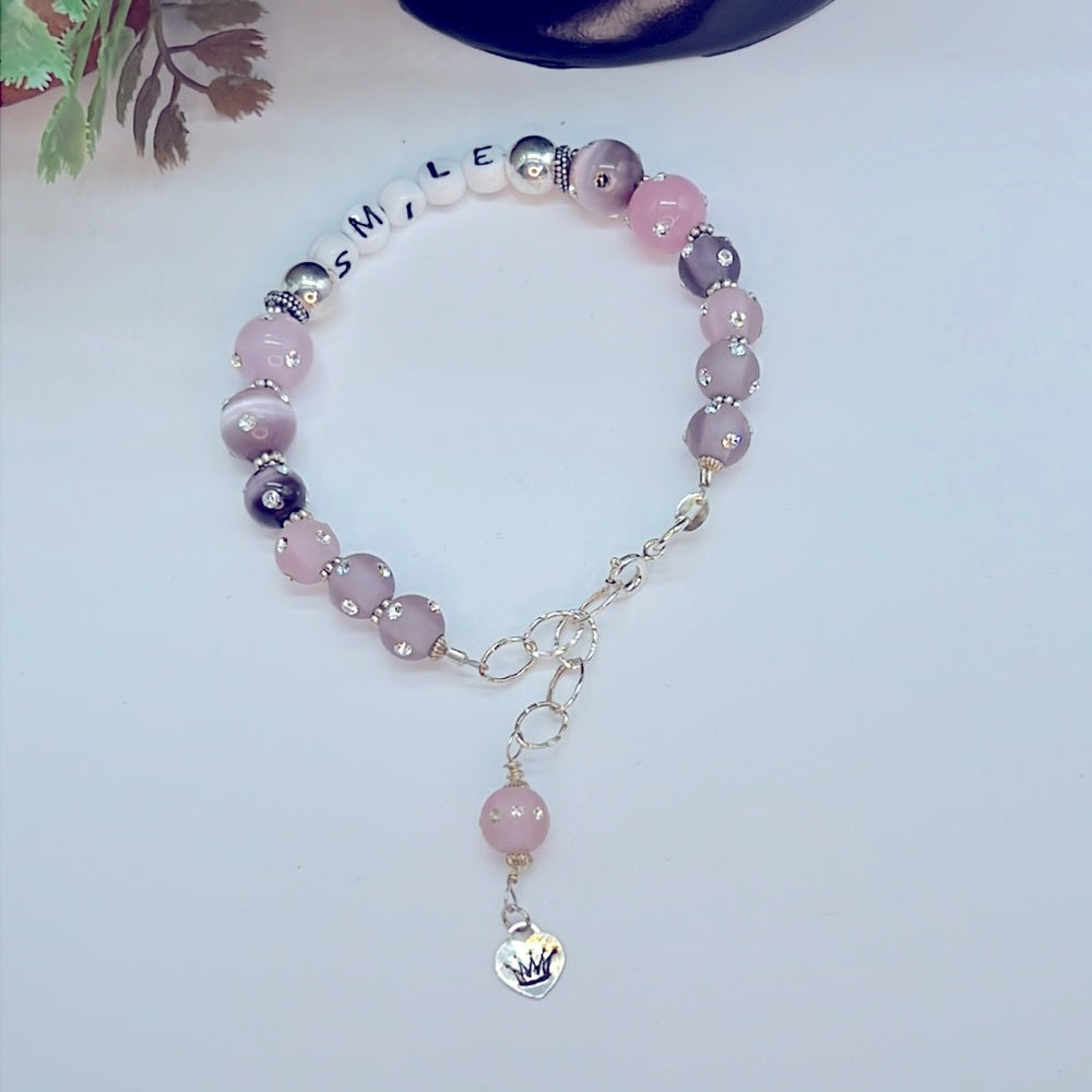 Adorned Crown Jewelry SMILE beaded sterling silver pink rhinestone bracelet