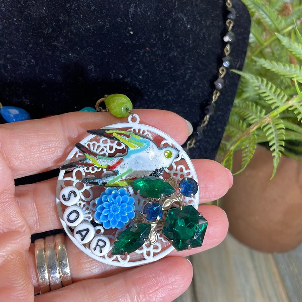 Adorned Crown Artisan assemblage necklace rosary stone soar enamel bird