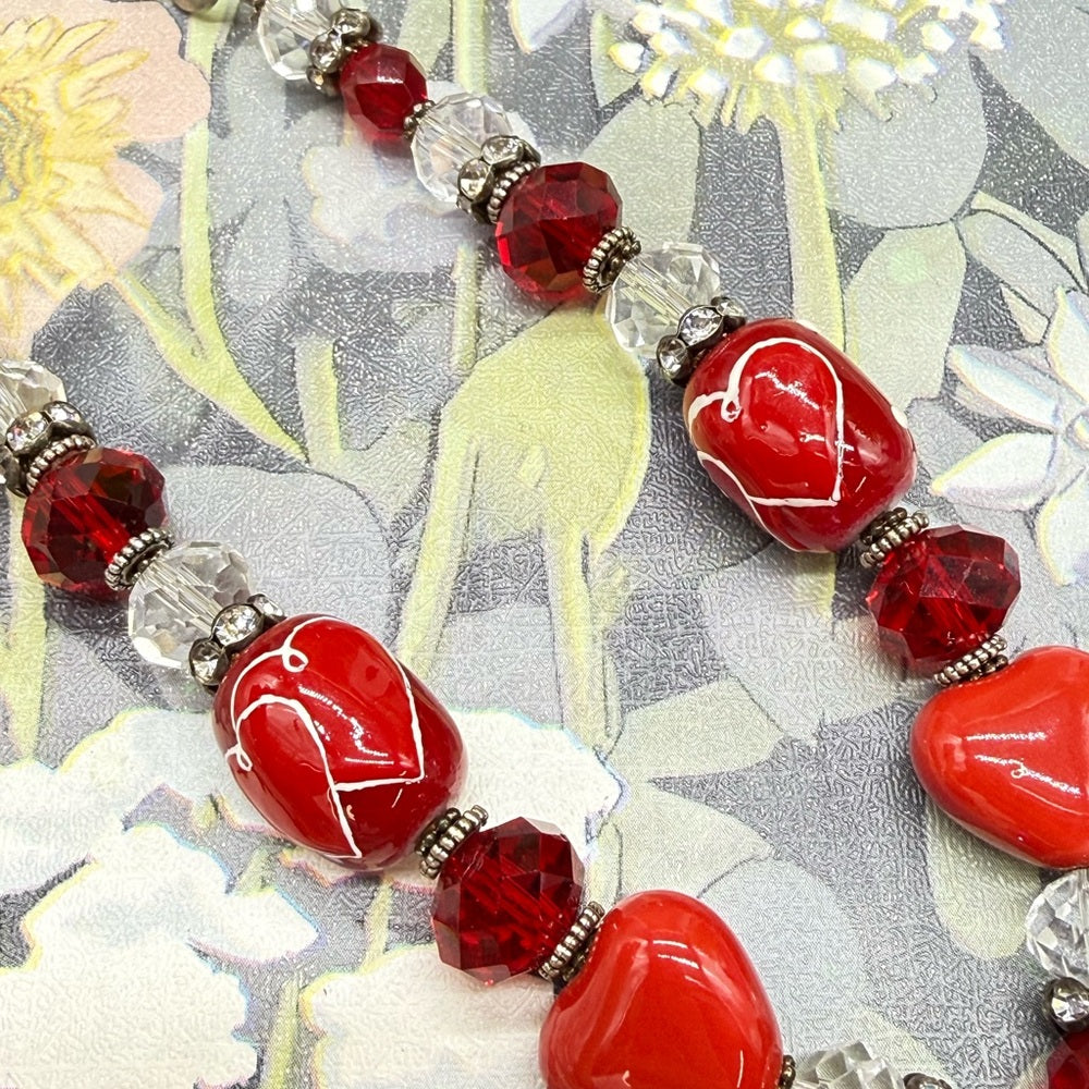 Adorned Crown Jewelry assemblage red heart bead crystal drop ribbon necklace