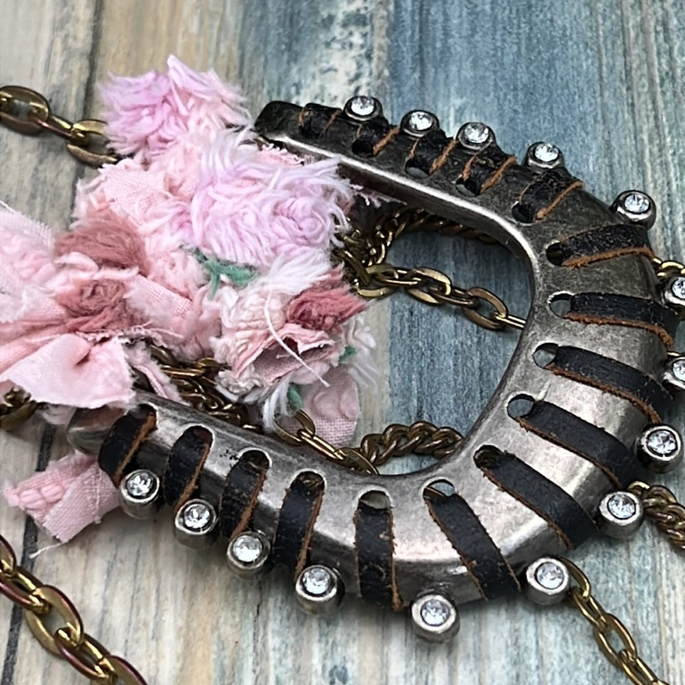 Adorned Crown cowgirl collection pink belt buckle green stone drop necklace