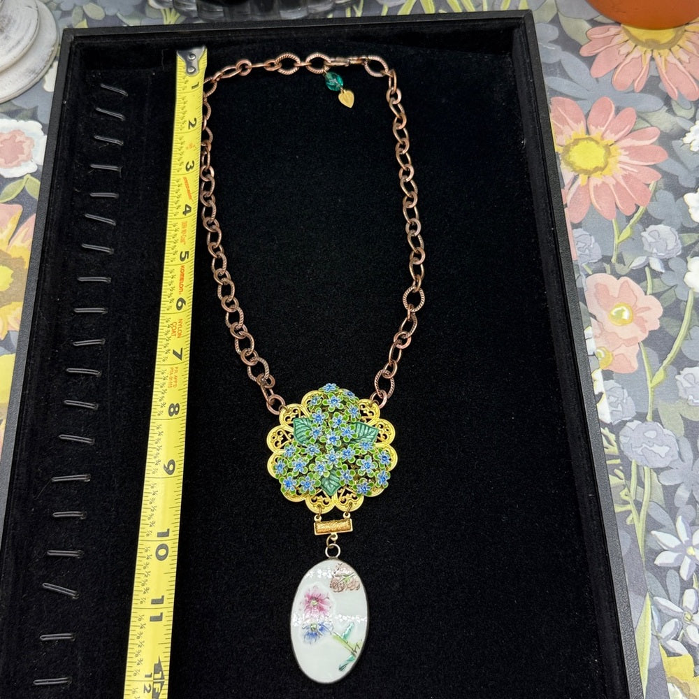 Adorned Crown Jewelry assemblage vintage blue rhinestone ceramic drop necklace