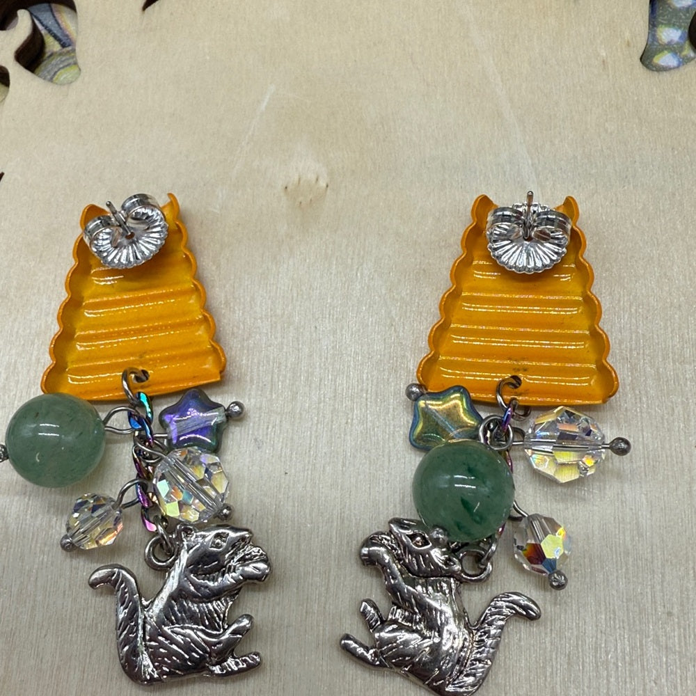Adorned Crown Jewelry assemblage green jade squirrel enamel post earrings