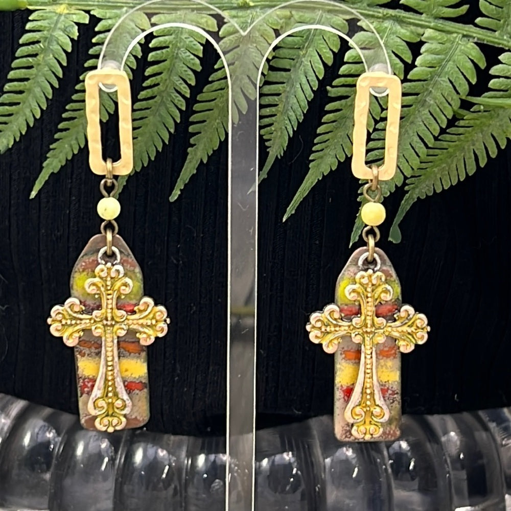 Adorned Crown Artisan Assemblage cross autumn enamel hammered post earrings