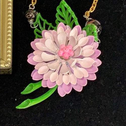 Adorned Crown artisan assemblage dahlia enamel flower necklace