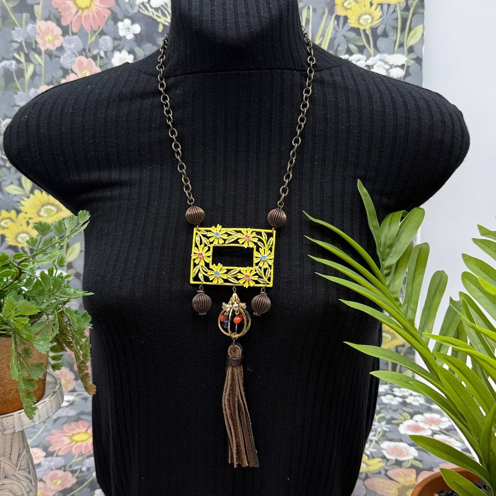 Adorned Crown Jewelry assemblage yellow frame flower necklace