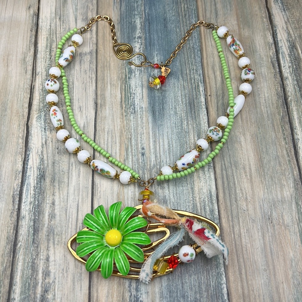 Adorned Crown Jewelry Artisan Assemblage atomic green enamel flower necklace