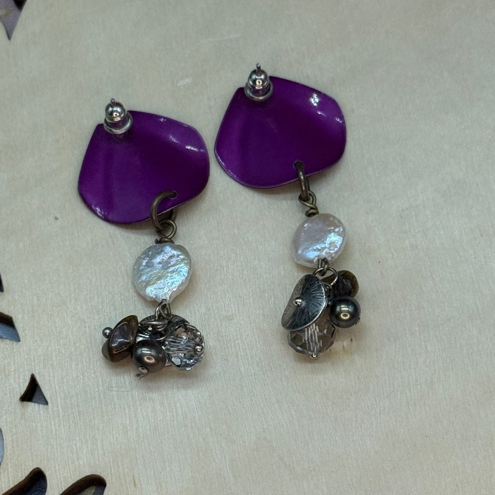 Adorned Crown Jewelry assemblage purple enamel post pearl bauble bead earrings