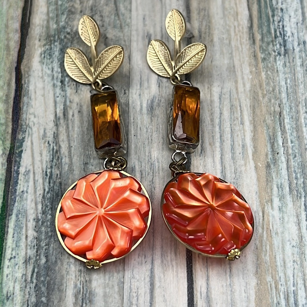 Adorned Crown Artisan Assemblage lucite button topaz gold leaf earrings