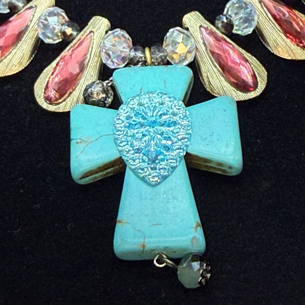 Adorned Crown Jewelry assemblage pink rhinestone teal cross necklace