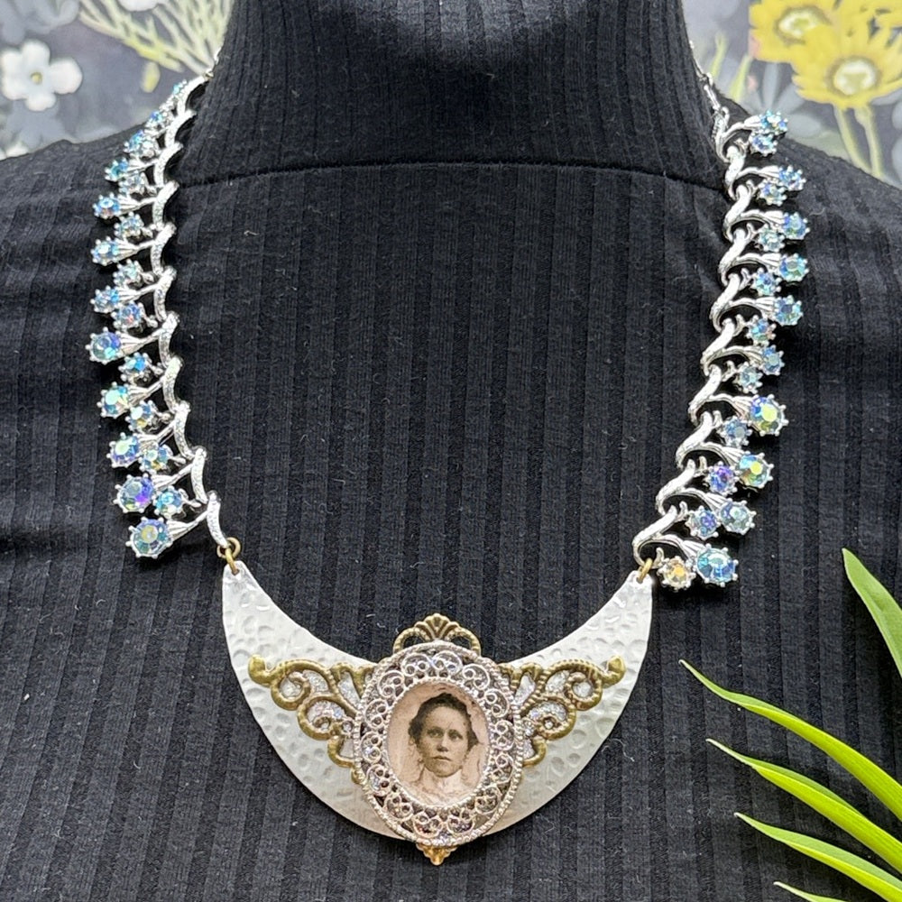 Adorned Crown Jewelry assemblage rhinestone filigree female image bib necklace