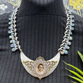 Adorned Crown Jewelry assemblage rhinestone filigree female image bib necklace