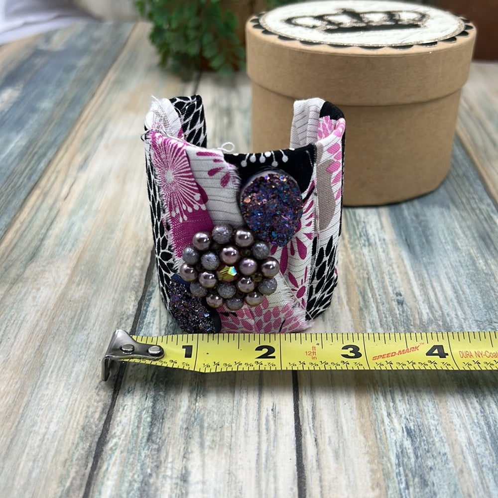 Adorned Crown Artisan Assemblage fabric wrap druzy wide cuff bracelet