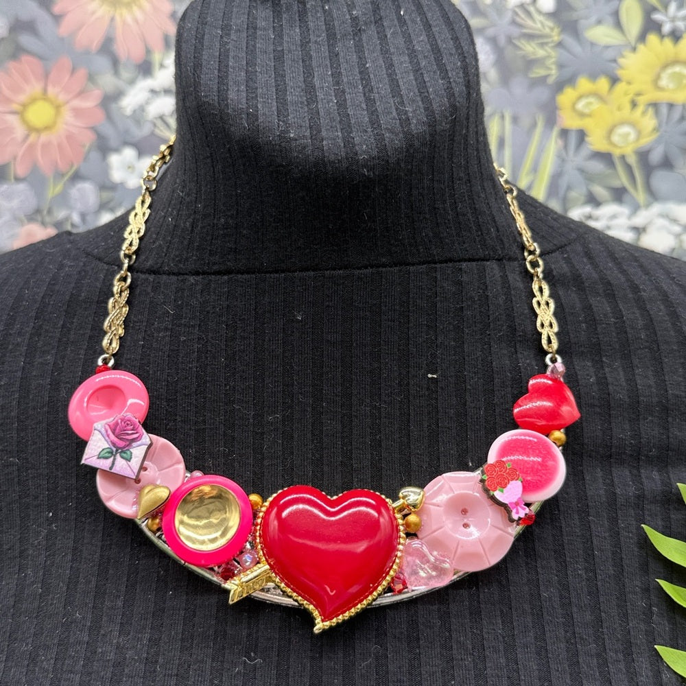 Adorned Crown Jewelry assemblage hearts ablaze pink red bib necklace