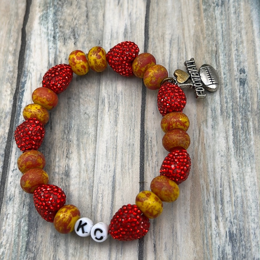 Adorned Crown Kansas City Chiefs KC football red gold stretch bracelet set G
