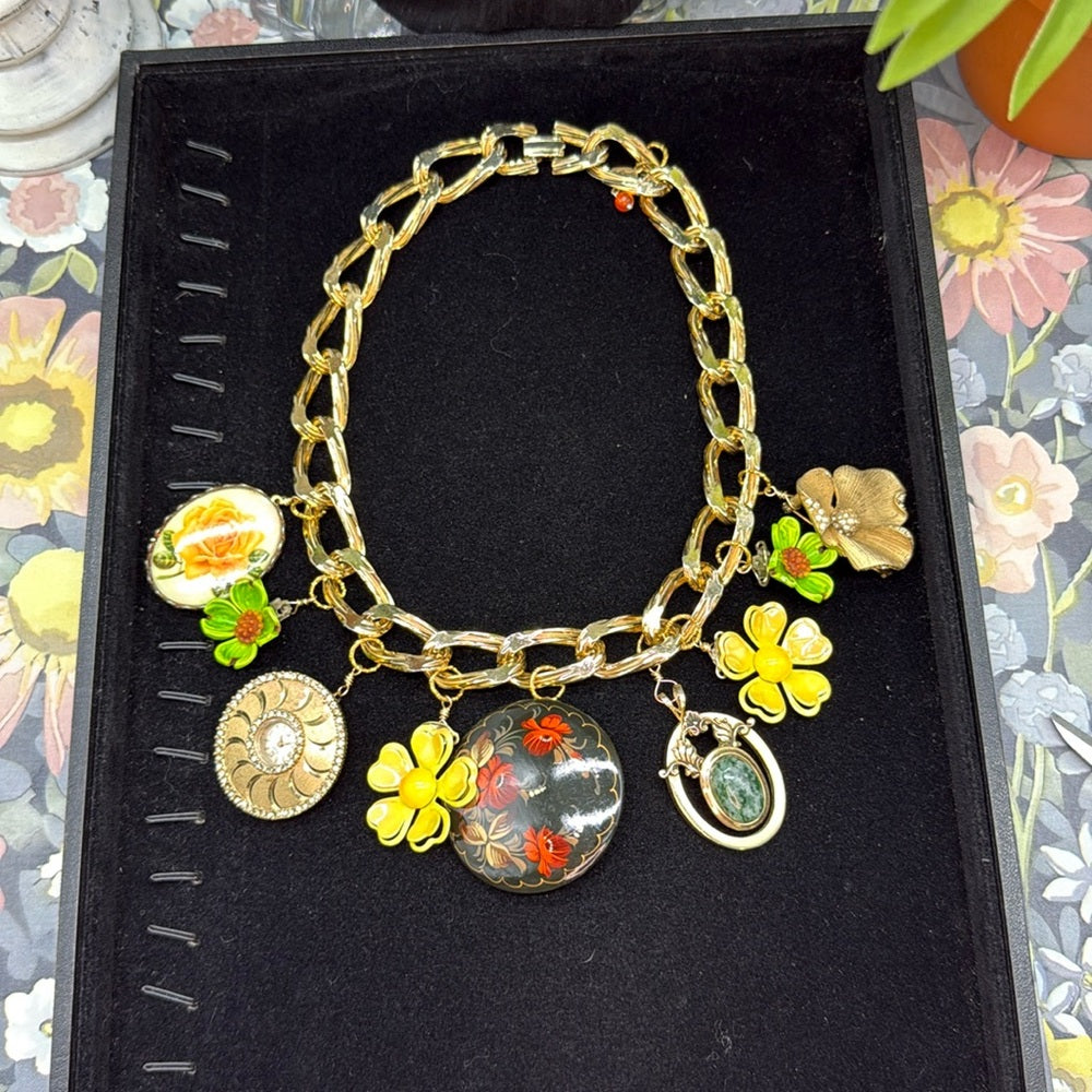 Adorned Crown Jewelry assemblage chunky charm yellow green flower necklace