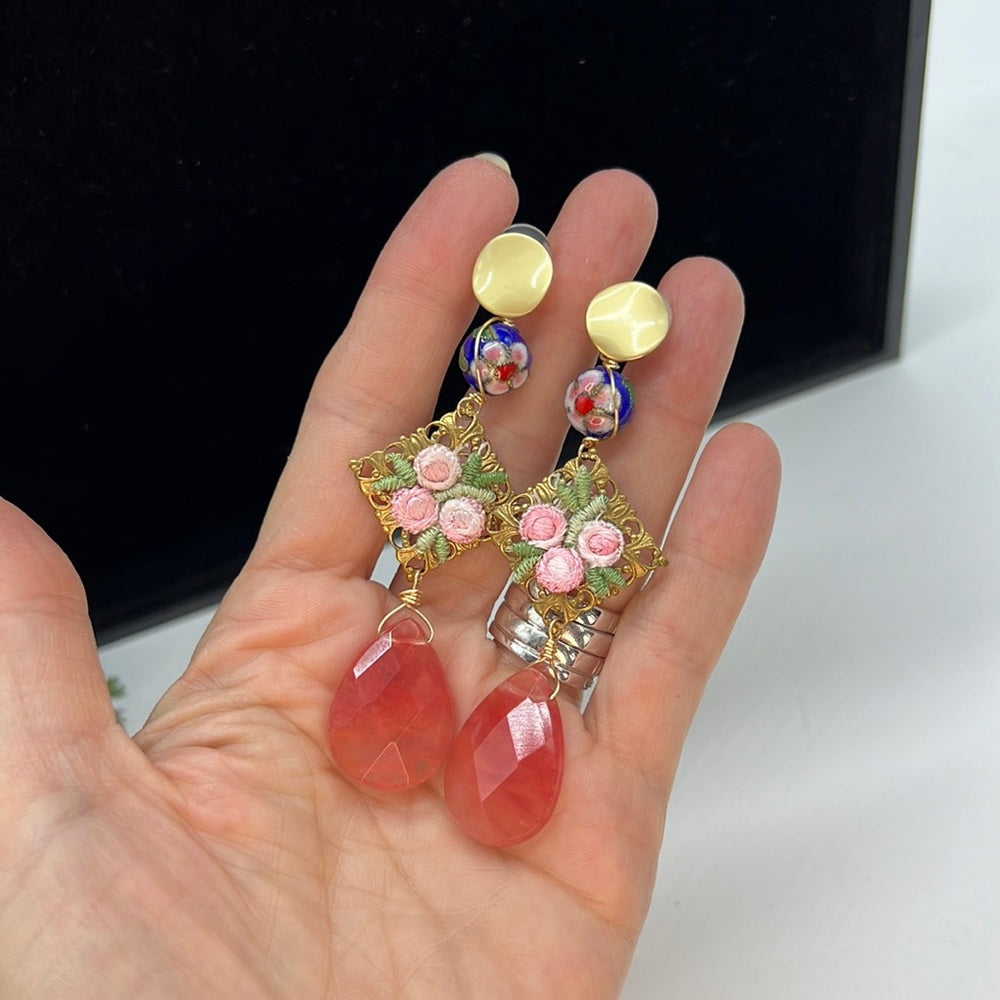 Adorned Crown Jewelry pink flower faceted briolette rose quartz earrings
