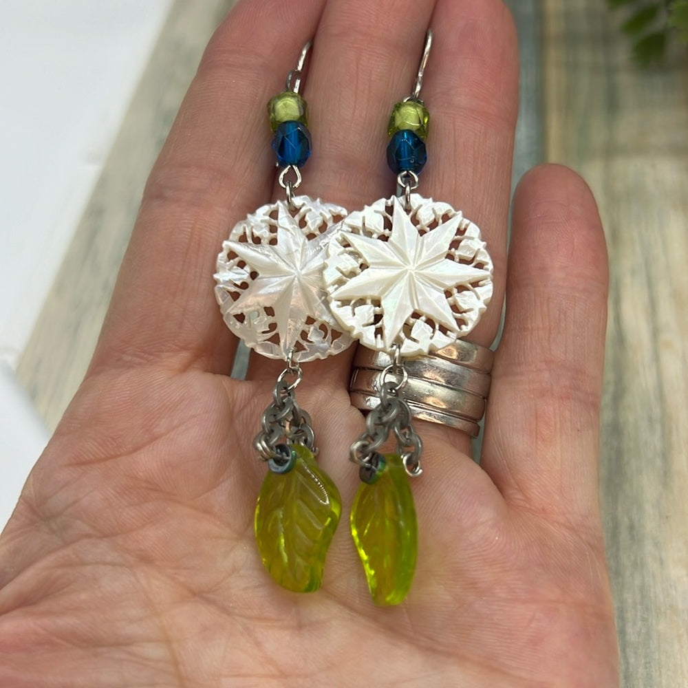 Adorned Crown Jewelry mother of pearl etched Czech glass leaf bead earrings