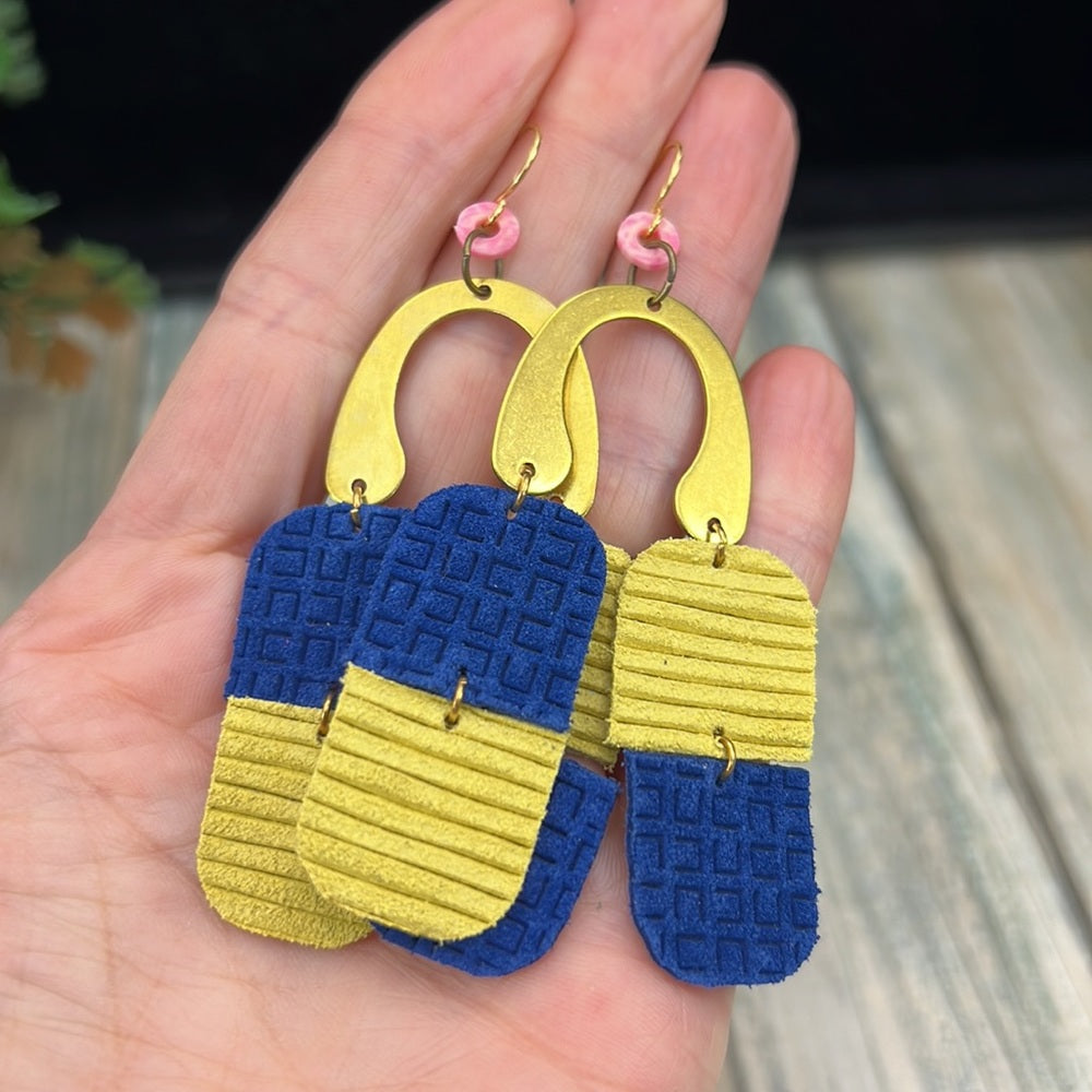 Adorned Crown leather color block yellow blue arc earrings