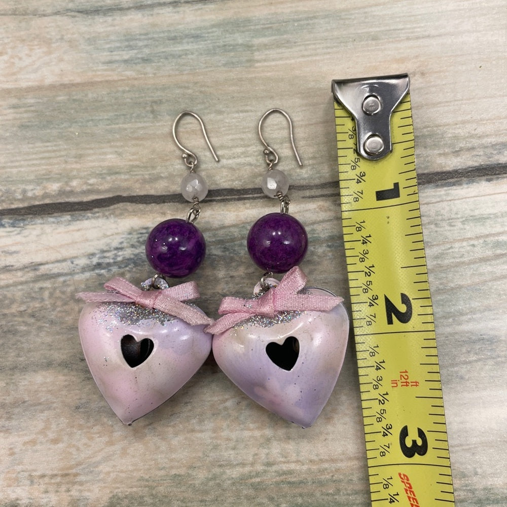 Adorned Crown enamel pink puffy heart bead earrings