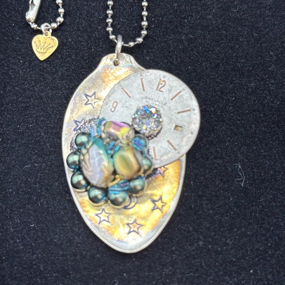 Adorned Crown Jewelry assemblage spoon watch face stars cluster long necklace