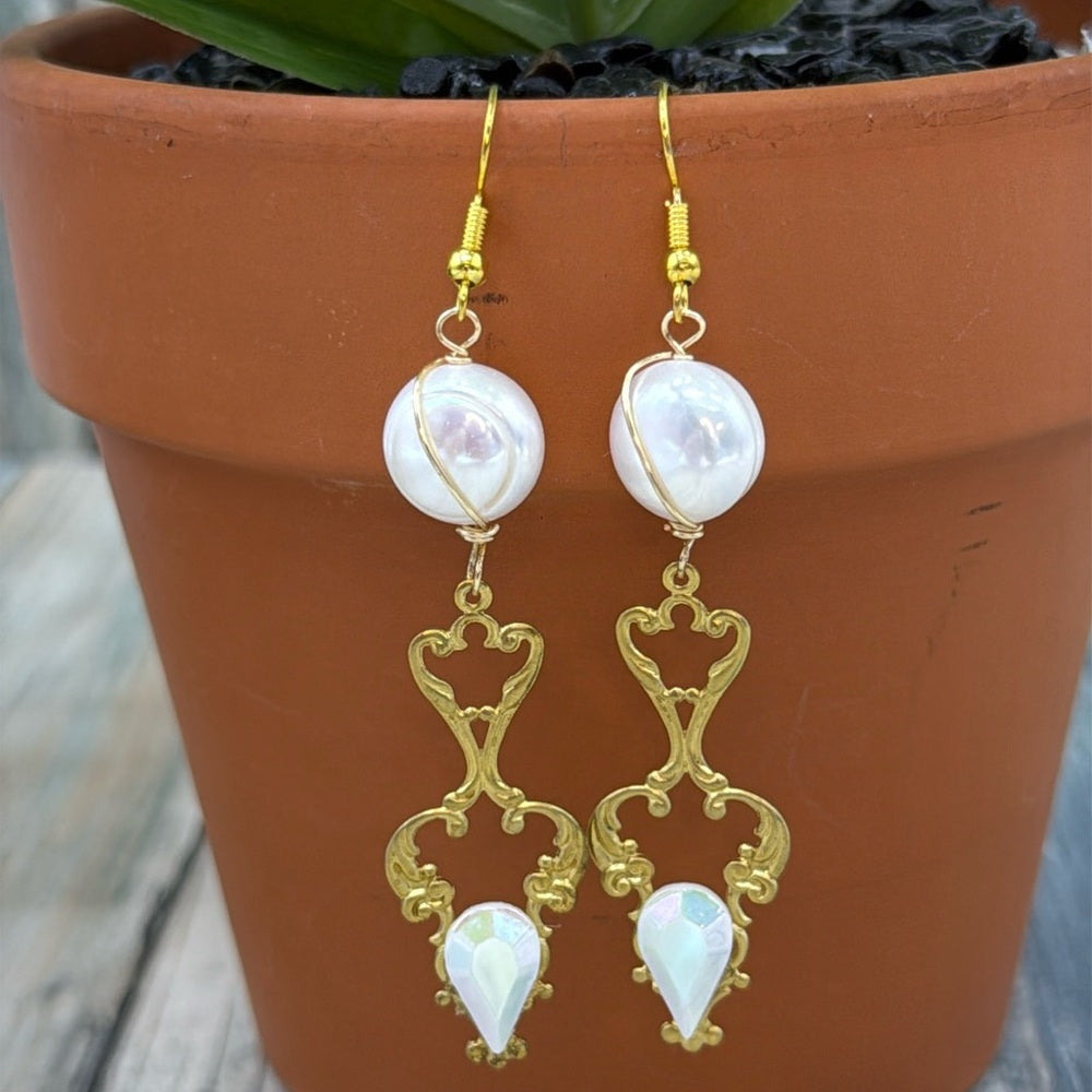 Adorned Crown Jewelry assemblage filigree Pearl Czech glass earrings