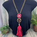 Adorned Crown Artisan Assemblage red cluster cameo silk sari tassel necklace