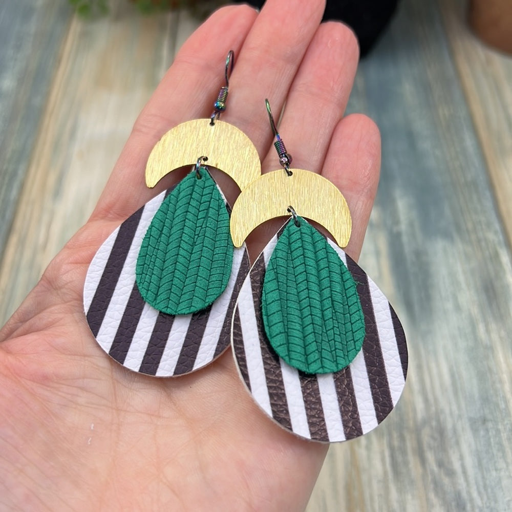 Adorned Crown Artisan Assemblage leather crescent green stripe earrings
