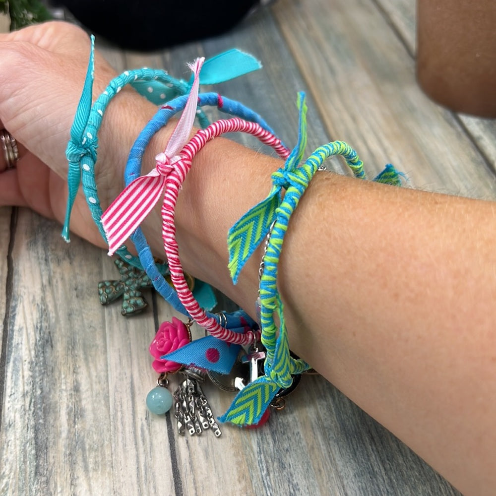Adorned Crown Jewelry artisan assemblage ribbon charm bangles set of four