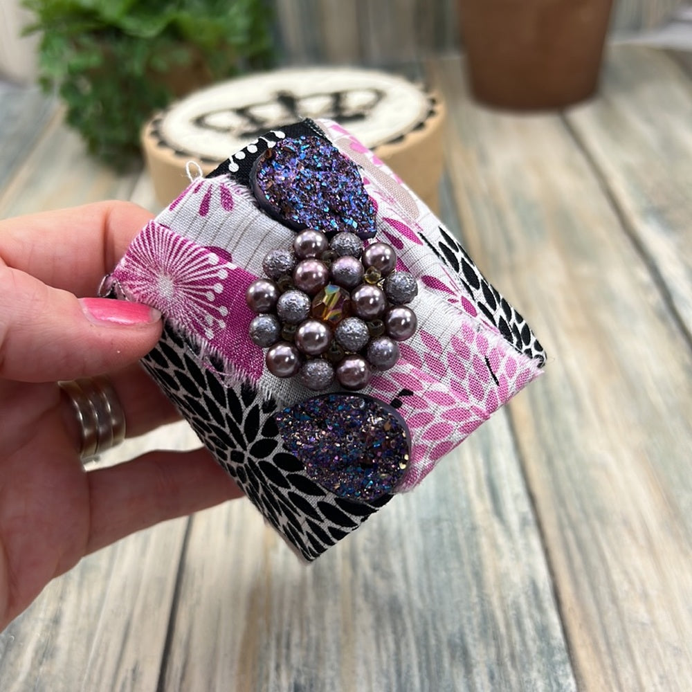 Adorned Crown Artisan Assemblage fabric wrap druzy wide cuff bracelet