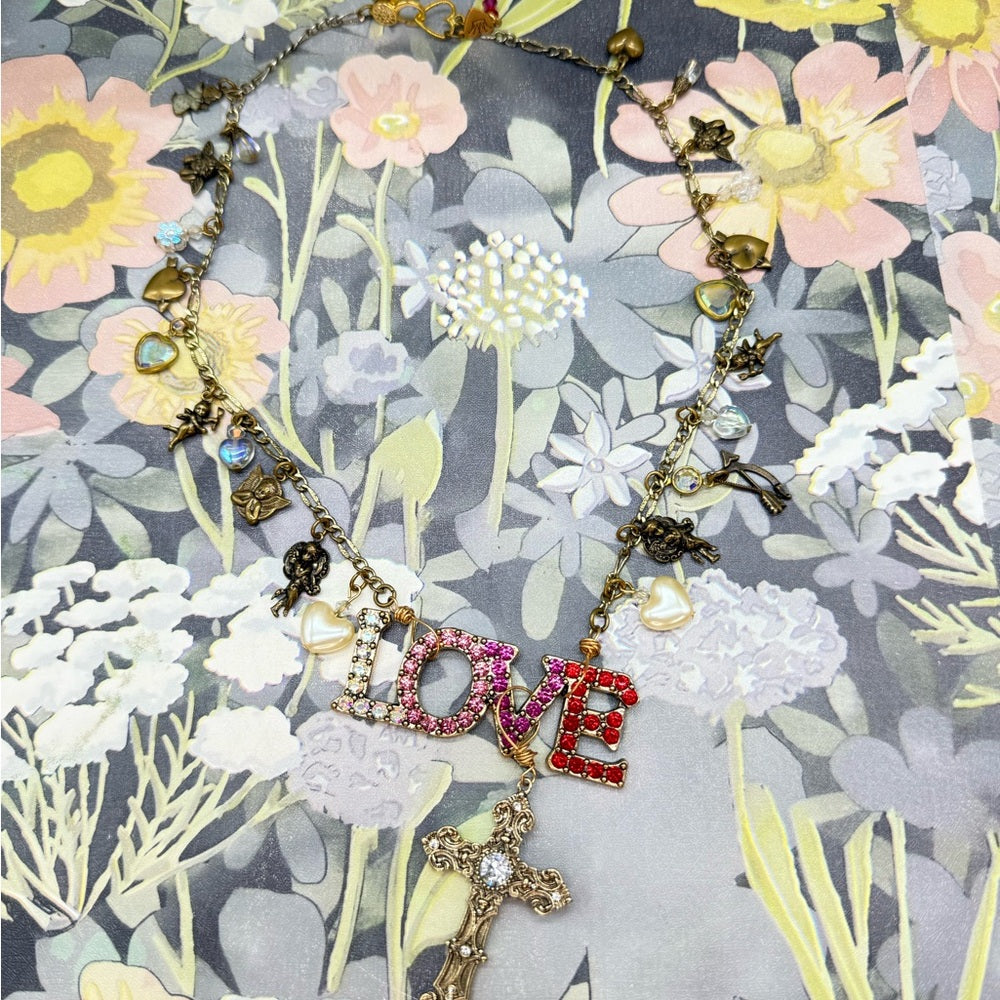 Adorned Crown Jewelry assemblage LOVE cherub charm crystal pendant necklace