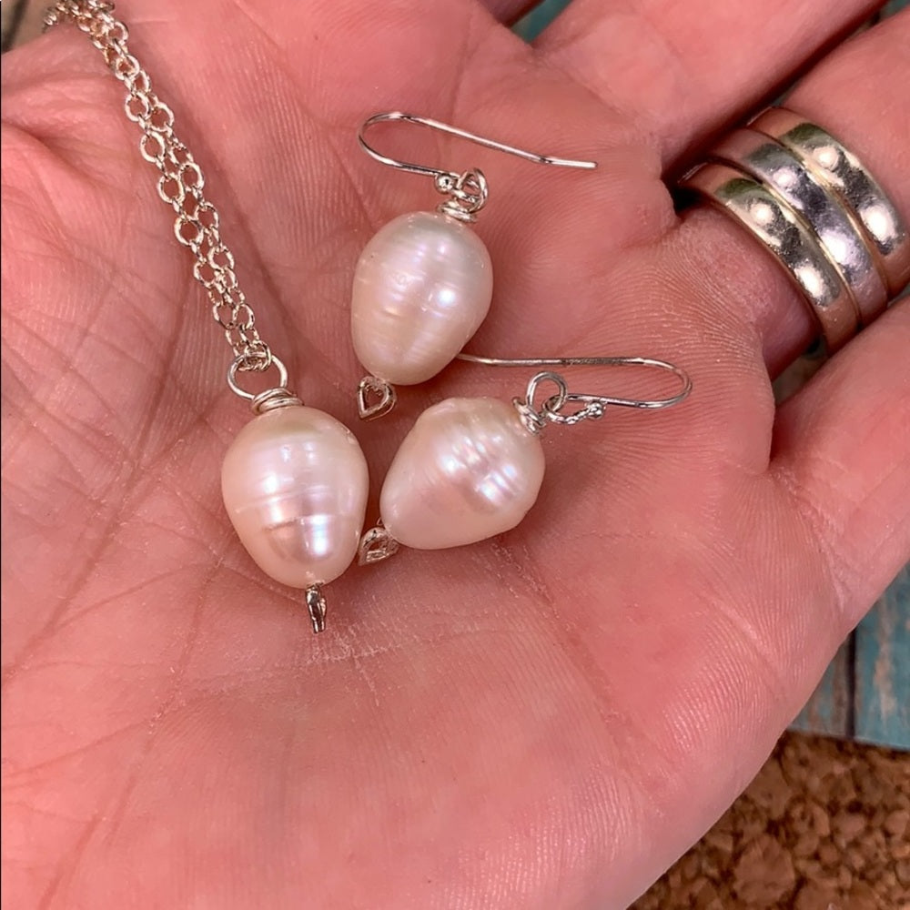 Adorned Crown pearl sterling silver heart set (1) necklace and earrings