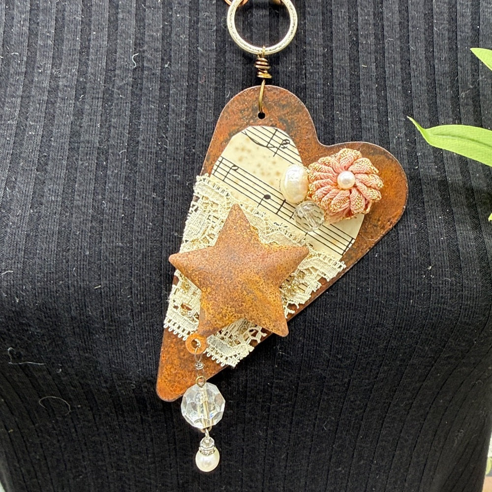 Adorned Crown Jewelry rusty heart star vintage music necklace