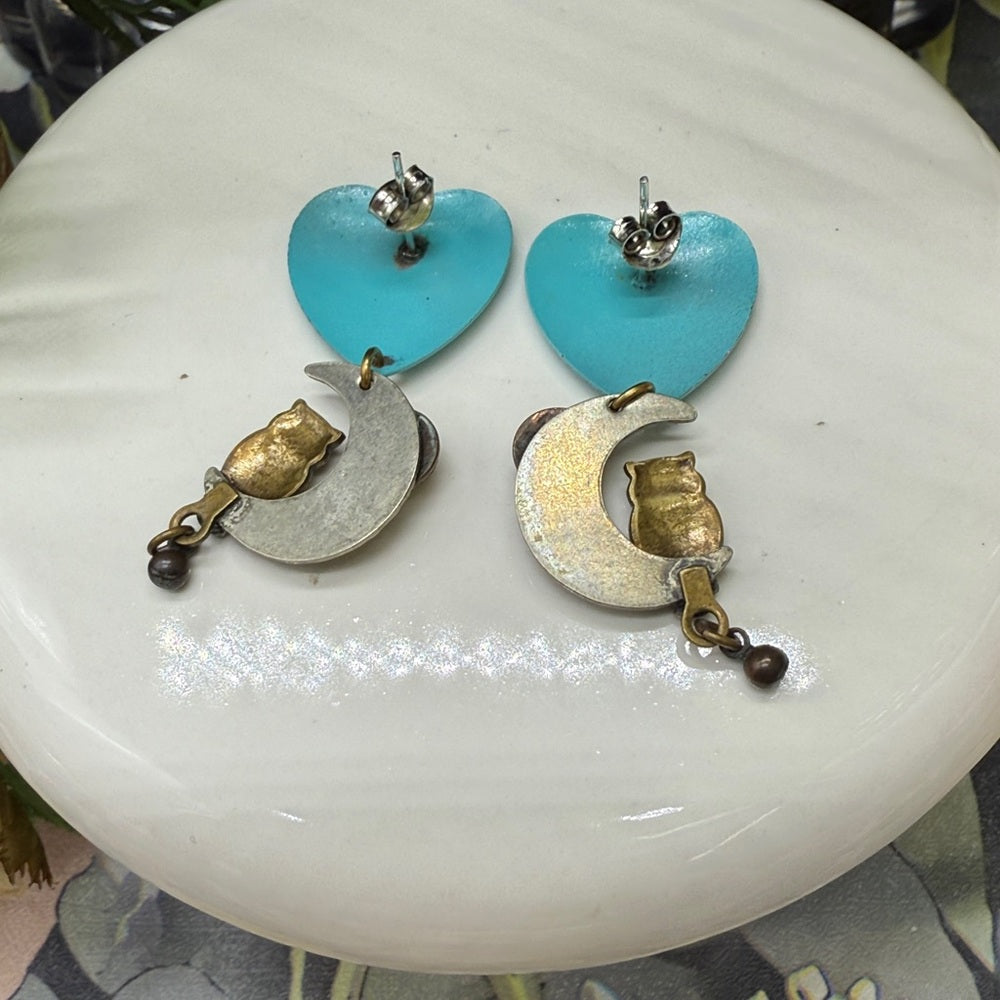 Adorned Crown Jewelry assemblage teal heart enamel owl moon drop post earrings