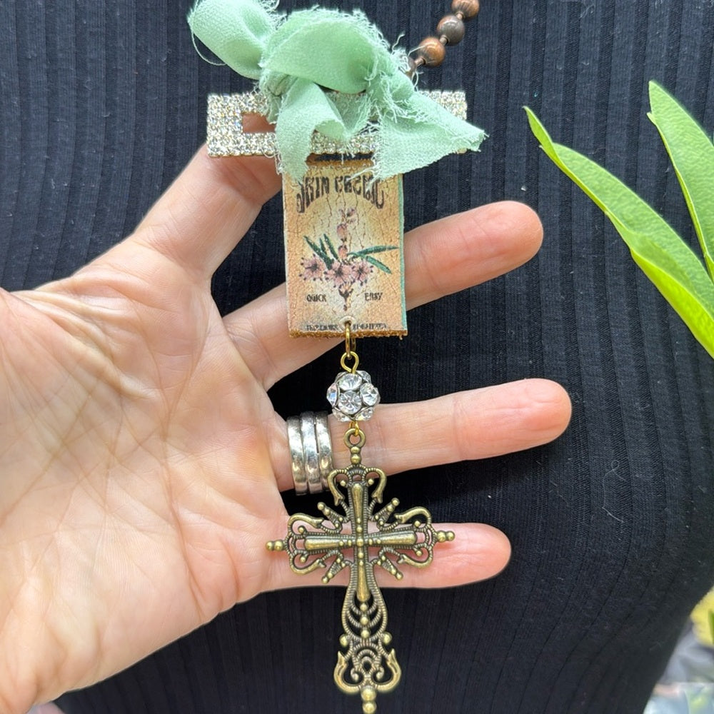 Adorned Crown Jewelry assemblage rhinestone leather ribbon cross necklace