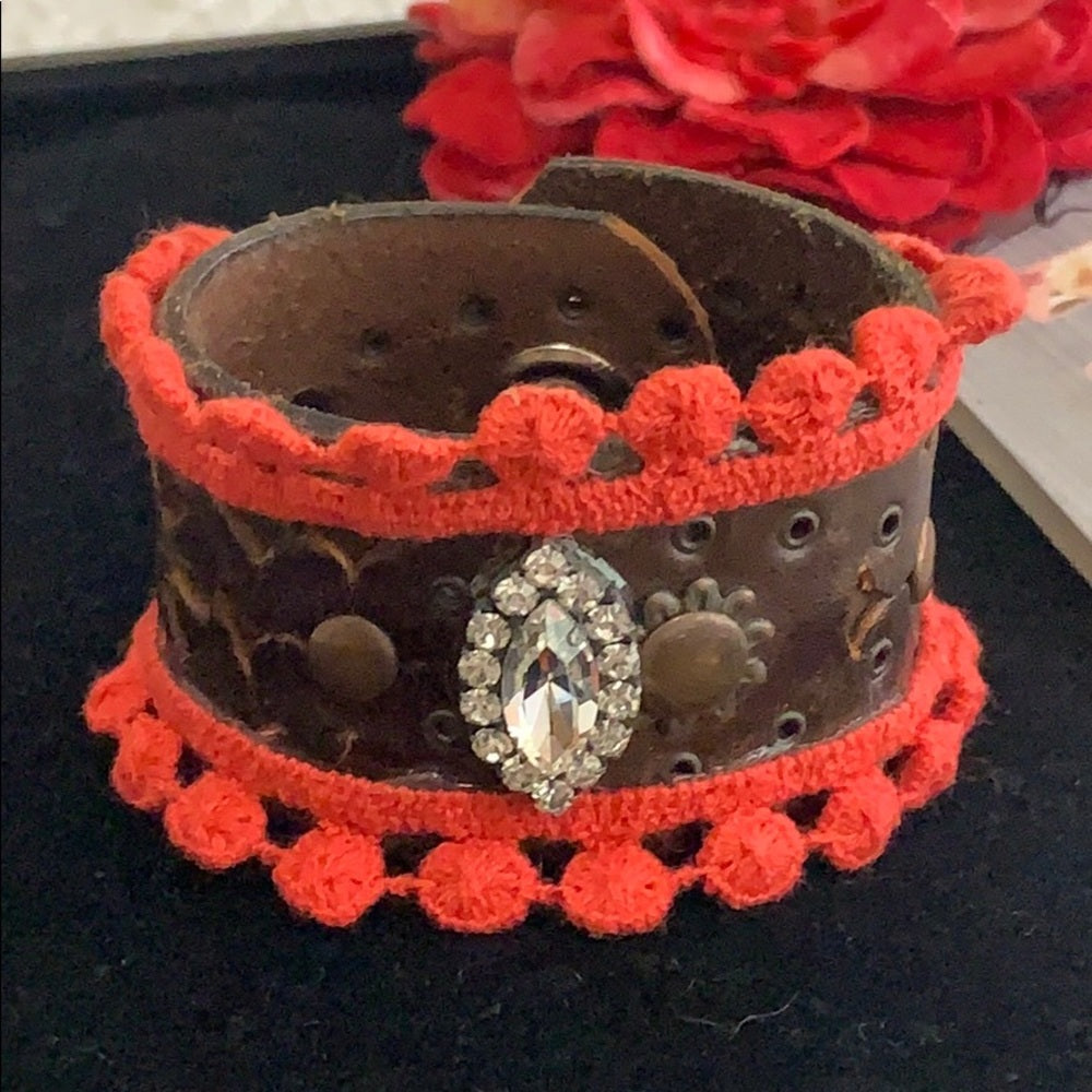 Adorned Crown artisan assemblage Vintage leather coral bling cuff bracelet
