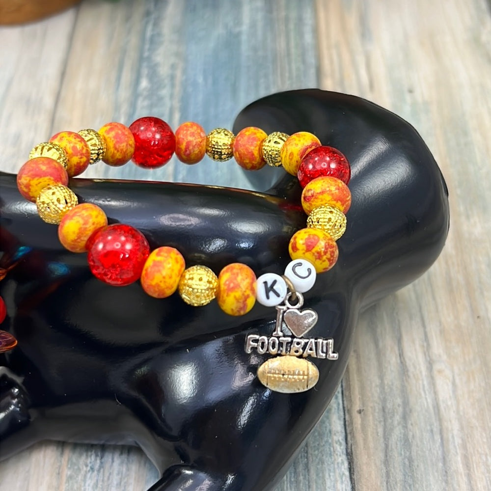 Adorned Crown Kansas City Chiefs KC football red gold stretch bracelet set C