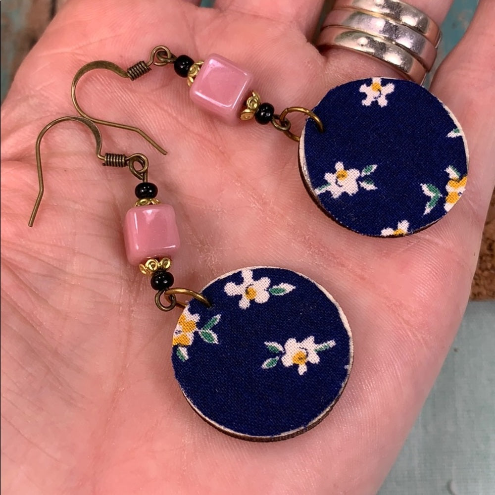 Adorned Crown vintage fabric wood disc bead earrings blue pink