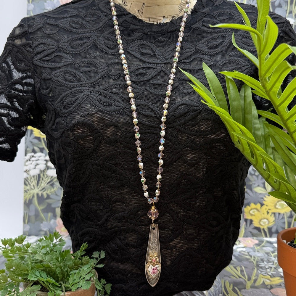 Adorned Crown Jewelry assemblage pink cloisonné crystal bead spoon necklace