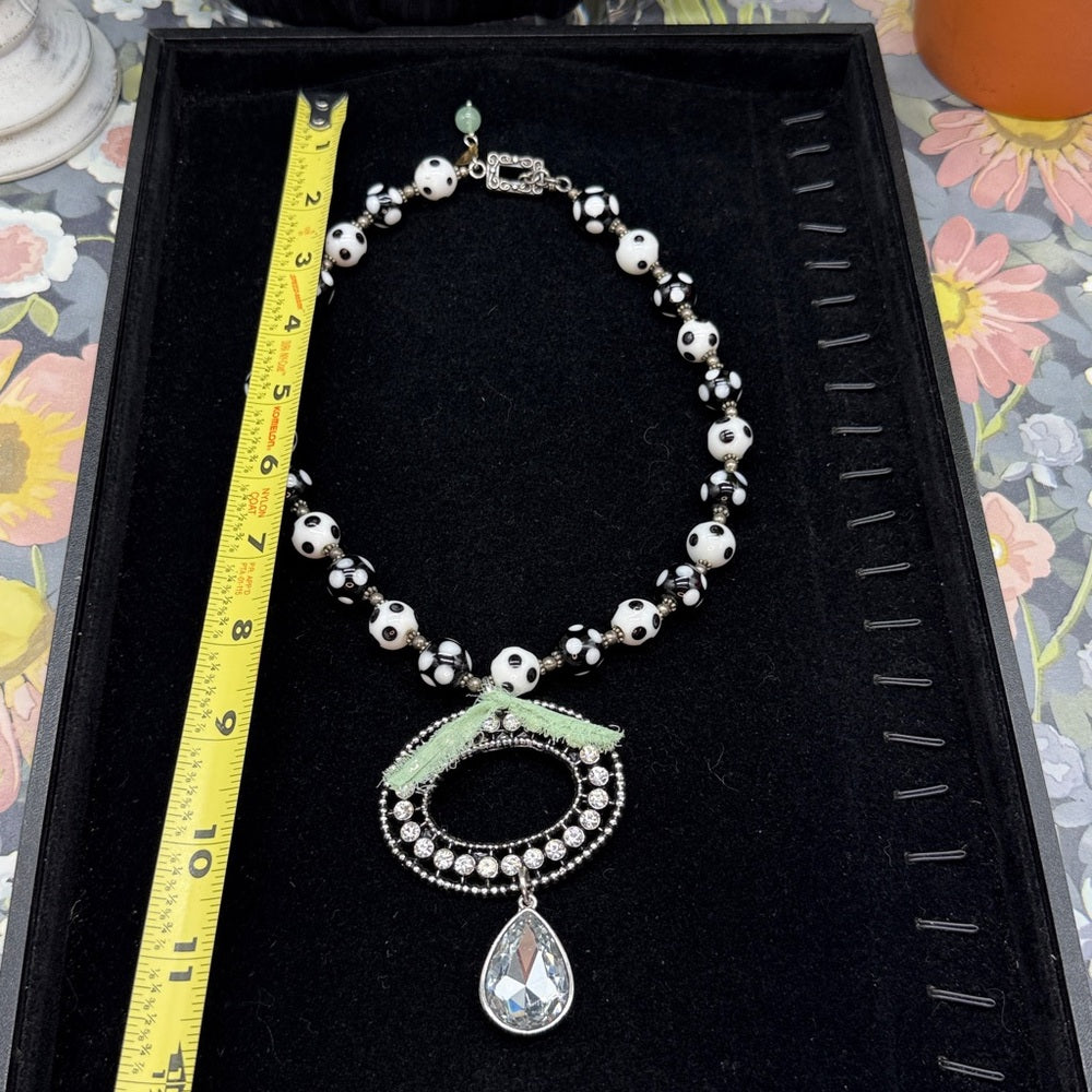 Adorned Crown Jewelry assemblage bead rhinestone pendant green ribbon necklace
