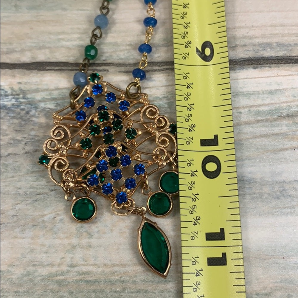 Adorned Crown artisan assemblage green rhinestone drop necklace