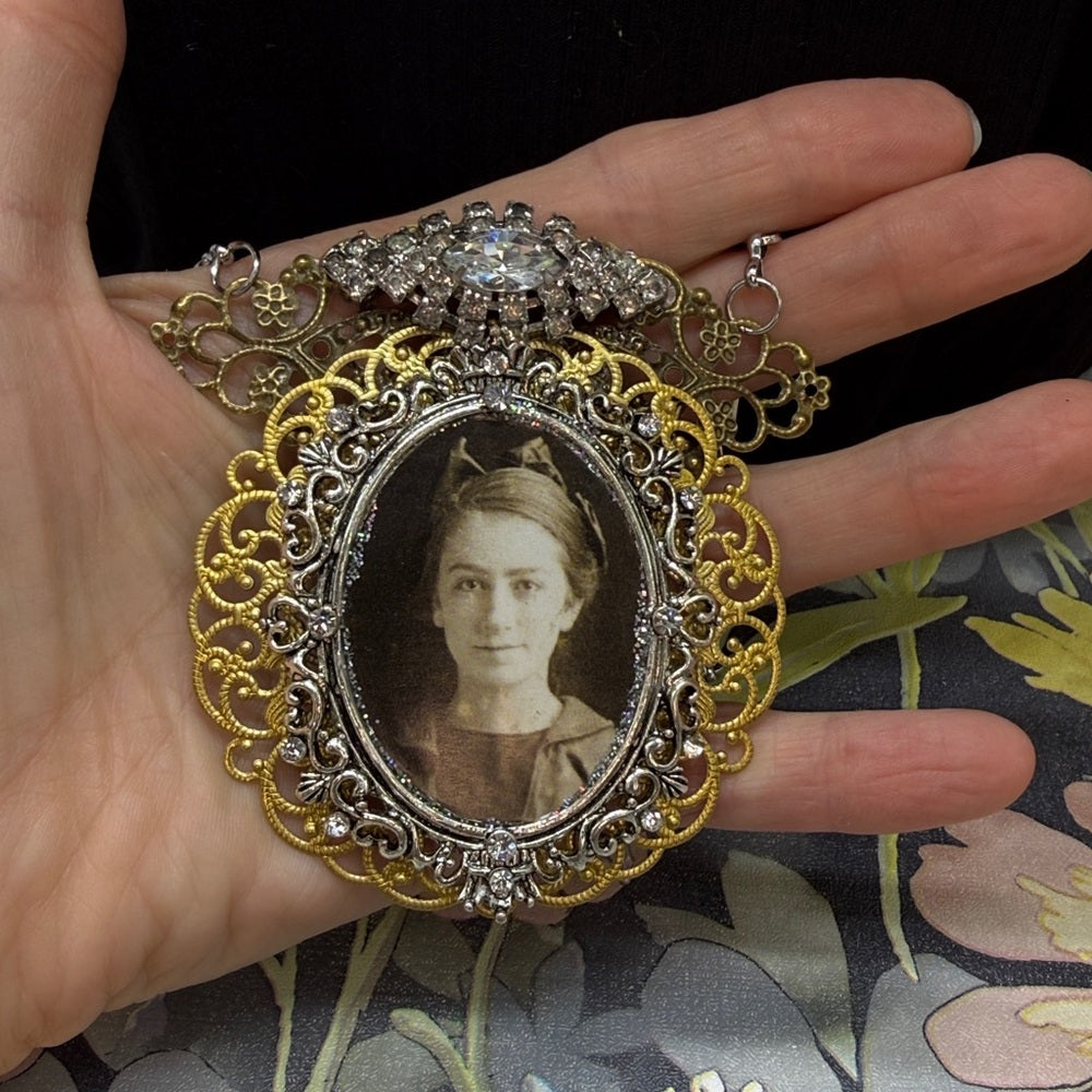 Adorned Crown Jewelry assemblage filigree ephemera female rhinestone necklace