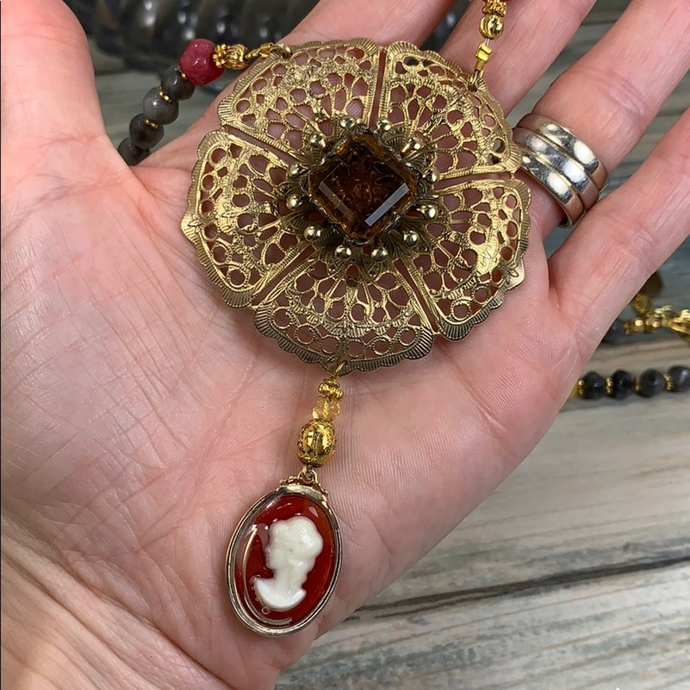 Adorned Crown artisan assemblage Stone bead topaz cameo necklace