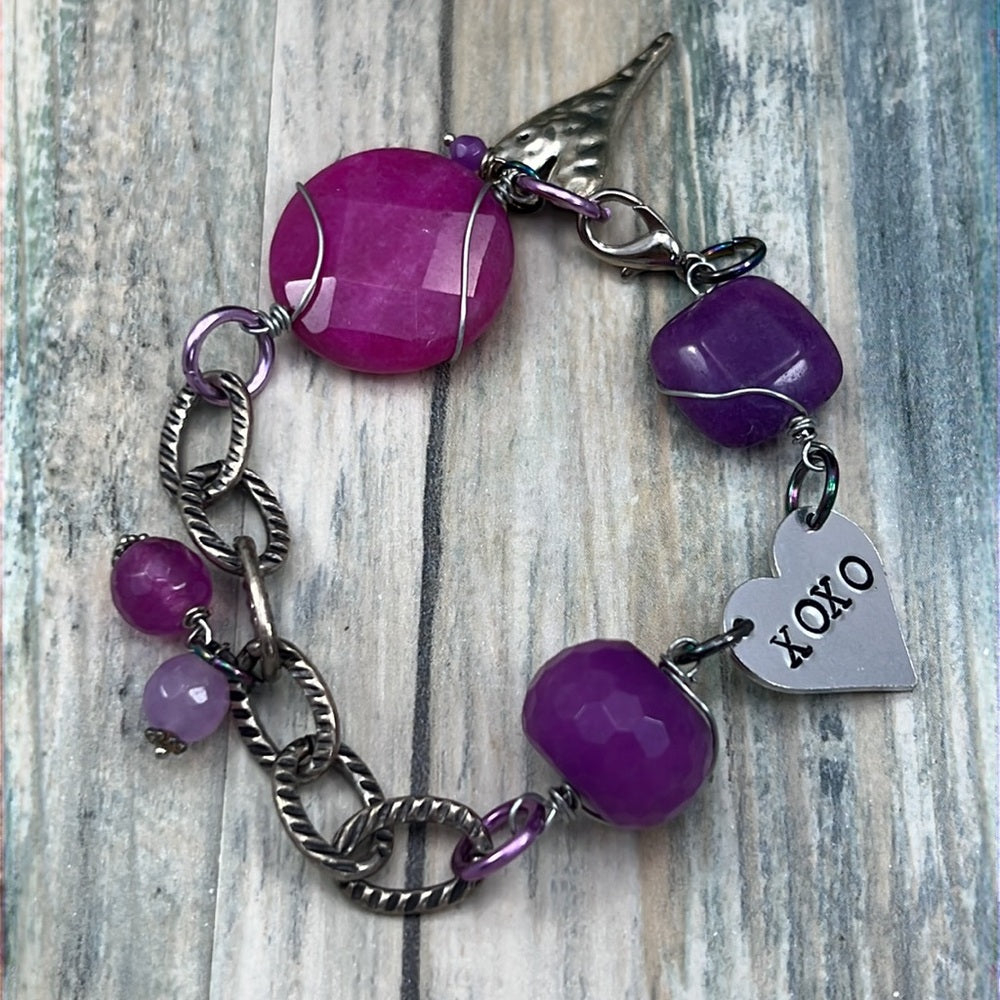 Adorned Crown Artisan Assemblage dyed pink purple quartz xoxo heart bracelet