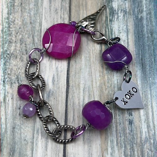 Adorned Crown Artisan Assemblage dyed pink purple quartz xoxo heart bracelet