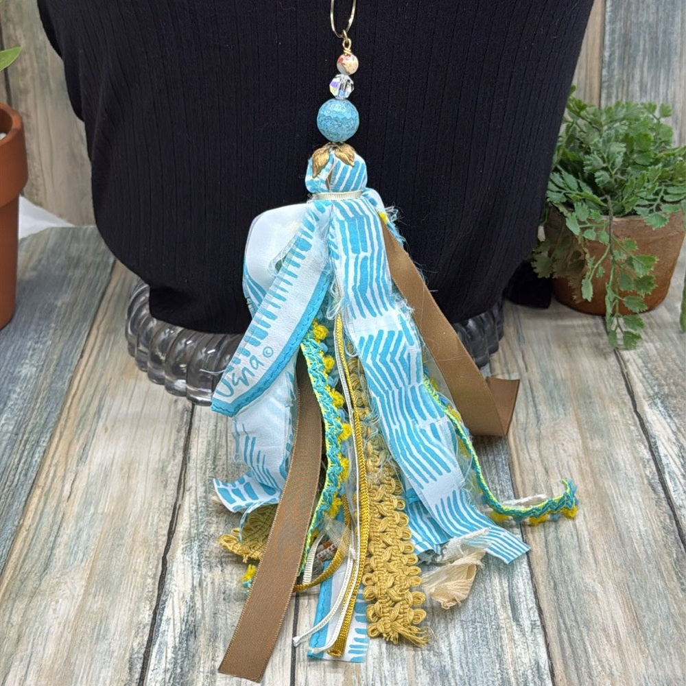 Adorned Crown Jewelry assemblage Bohemian silk ribbon Tassel Necklace Blue
