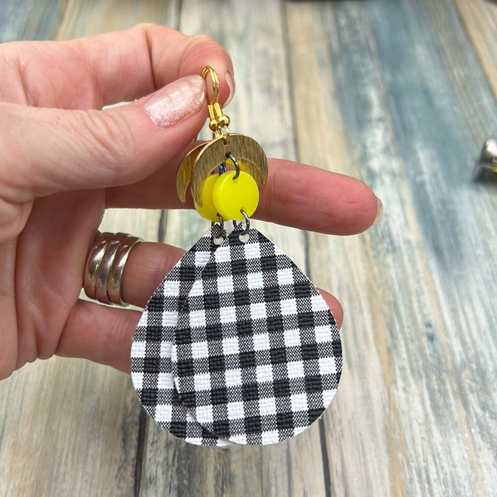 Adorned Crown Artisan Assemblage faux leather yellow acrylic moon earrings