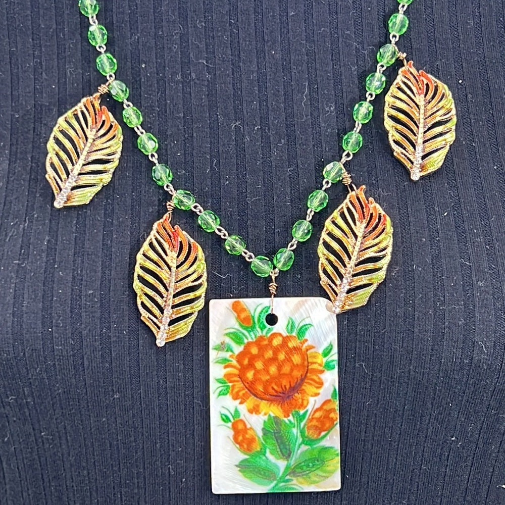 Adorned Crown Artisan Assemblage painted shell leaf autumn color necklace